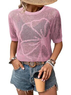 Women Pink Summer Short Hollow Out Floral Sweaters Beach Vacation Cruise Tops